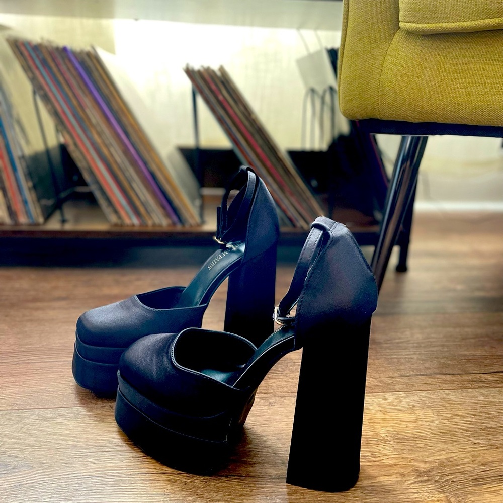 Classic black sateen platform block heels